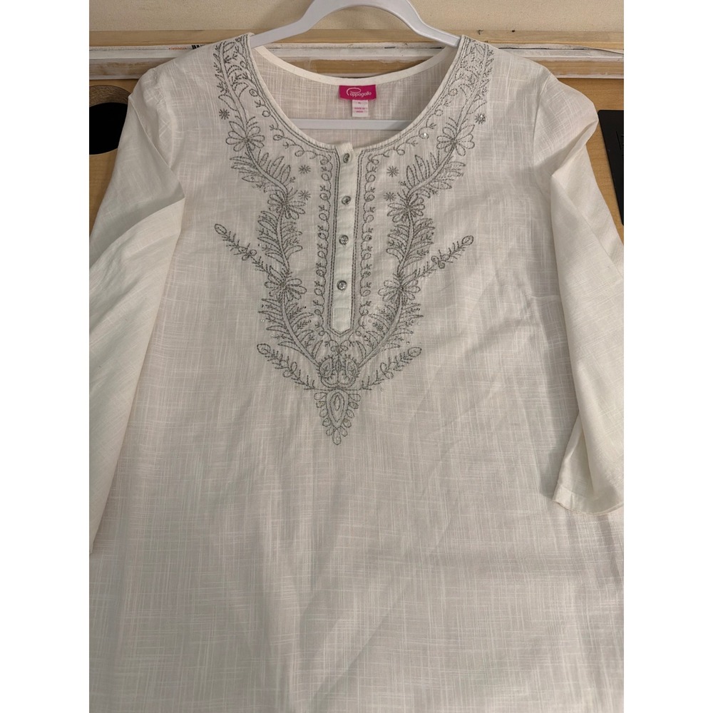 Pappagallo White Embroidered Sequin Tunic Top Long Sleeve‎ Silver Floral XL